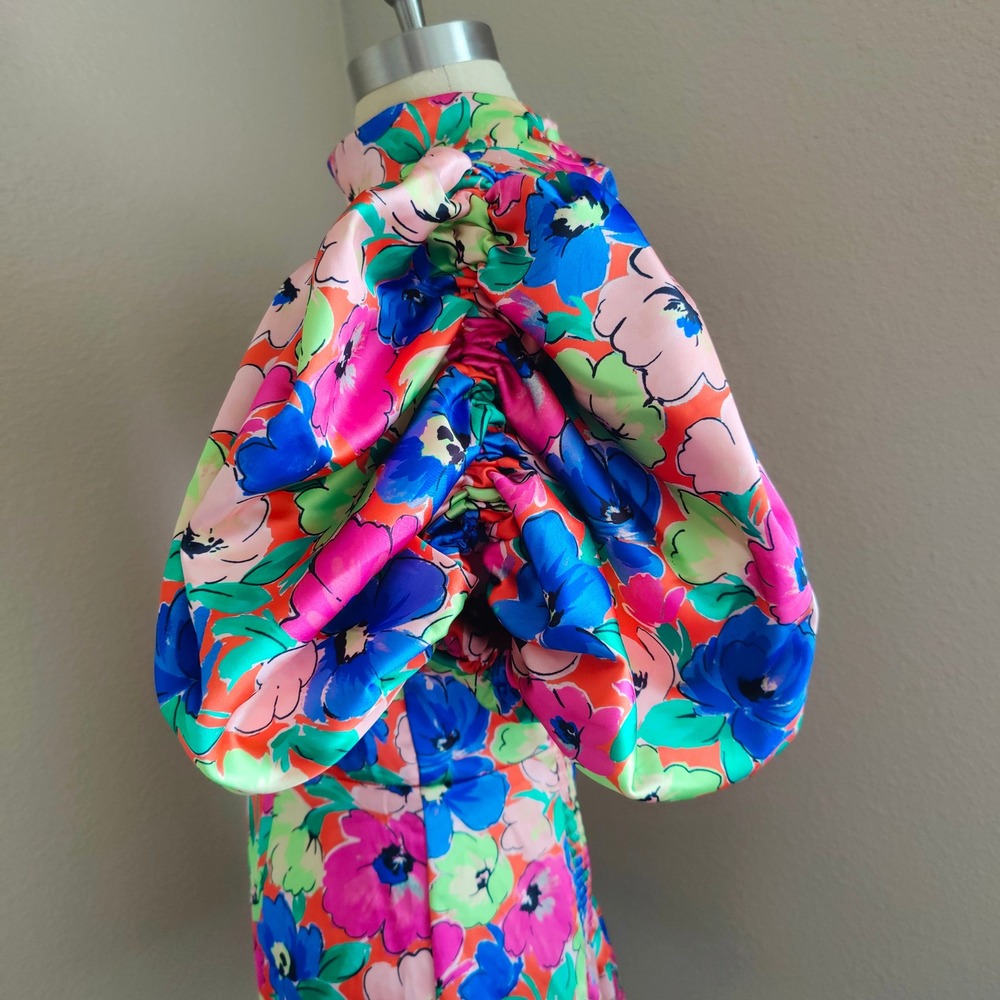 ROTATE Birger Christensen Floral Satin Puff Sleeve Mini Dress Open Back US 10 - Picture 4 of 16